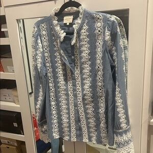 Sezane Denim Blue and White Lace Top